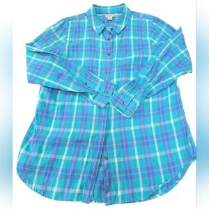 L.L. Bean Women Teal and Blue Plaid 100% Cotton Shirt (SIZE: M)